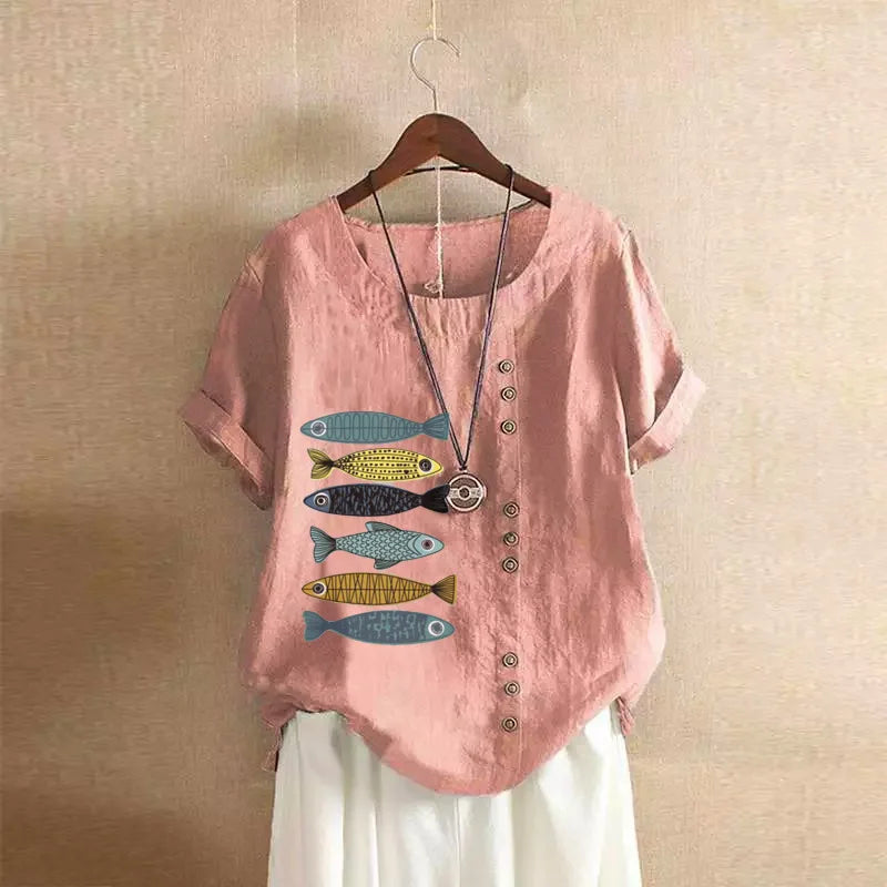 Women Cotton Linen Blouse Shirts Summer O-Neck Short Sleeve Vintage Floral Print Loose Tops WYLP-AL620409060860