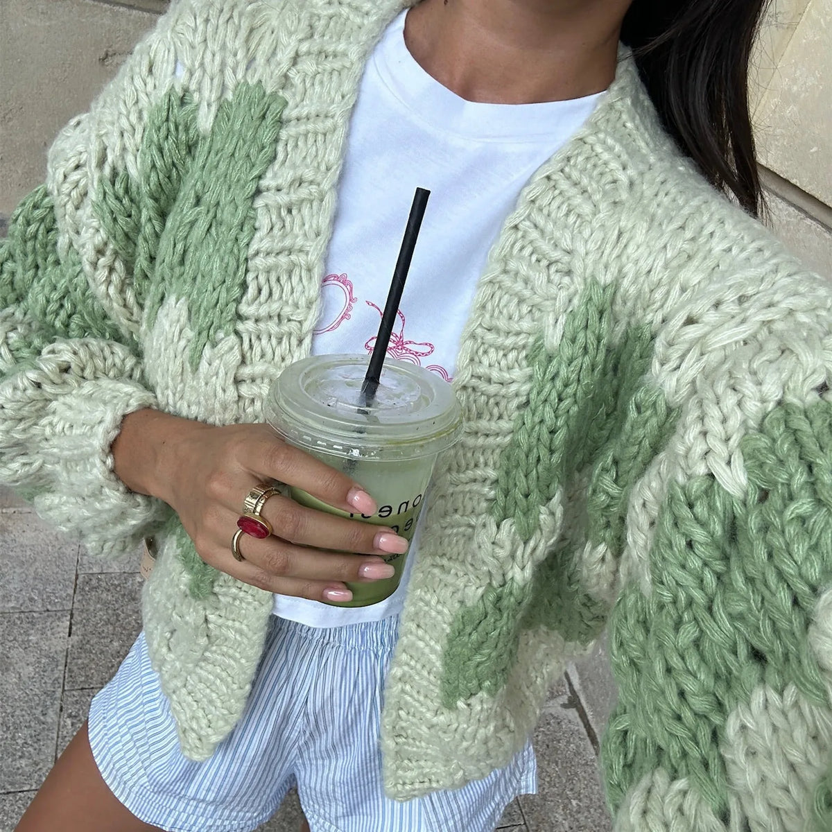 Vintage Lantern Sleeves Knitted Sweater Stripe Pattern Cropped Cardigans Aesthetic Y2k Knitwear Coat Women Autumn Outwear
