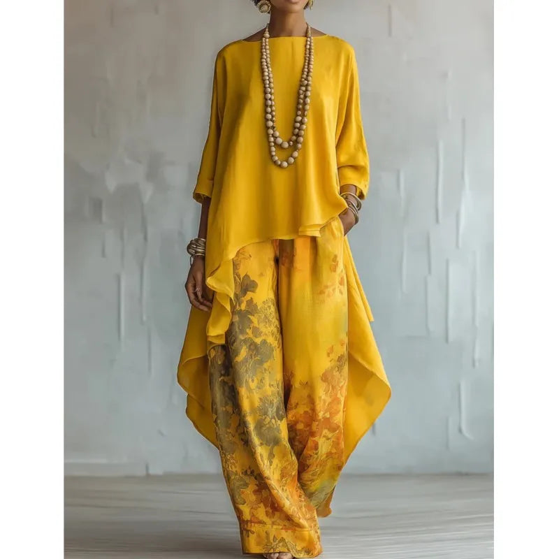 Boho Women's Spring Summer New Two-piece Set Suit Vintage Printed Irregular O Neck Versatile Casual Loose 2-piece Set For Women