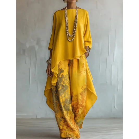Boho Women's Spring Summer New Two-piece Set Suit Vintage Printed Irregular O Neck Versatile Casual Loose 2-piece Set For Women