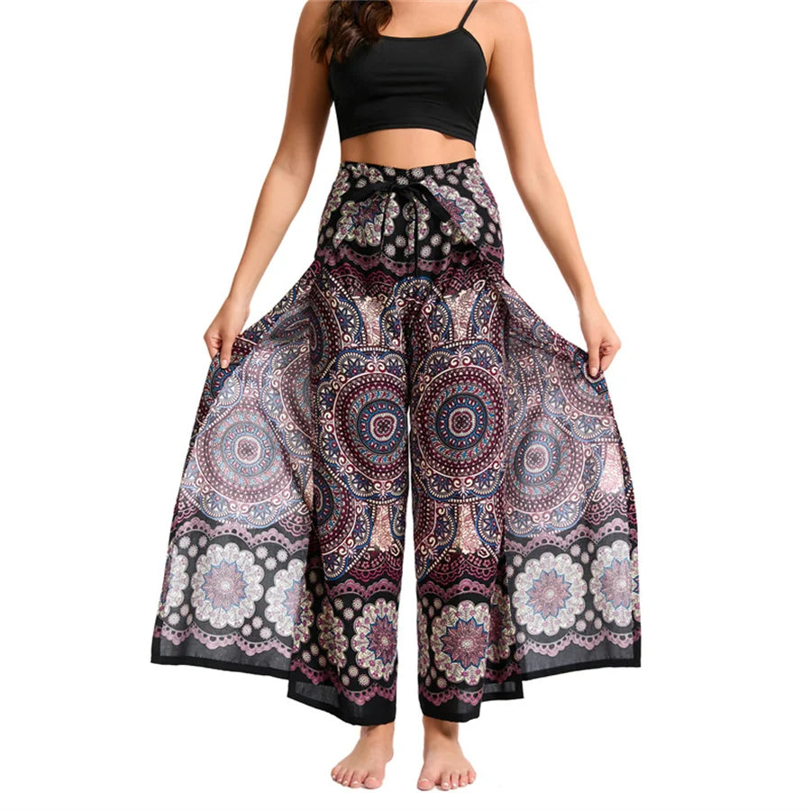Women's Boho Palazzo Pants Wide Leg Yoga Wrap Tie Up Waistband Beach Cover Up Trousers Rayon Soft Breathable Loose Pants
