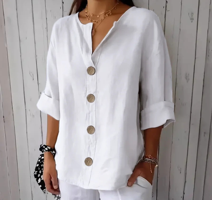 Summer Loose Shirt Women's V-Neck Button Top Casual Shirts Solid Fashion Elegant Office Women Clothing Blouse