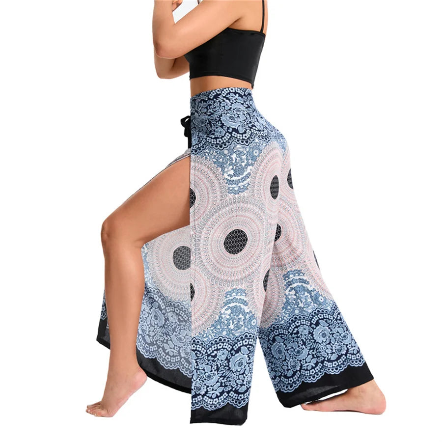 Women's Boho Palazzo Pants Wide Leg Yoga Wrap Tie Up Waistband Beach Cover Up Trousers Rayon Soft Breathable Loose Pants