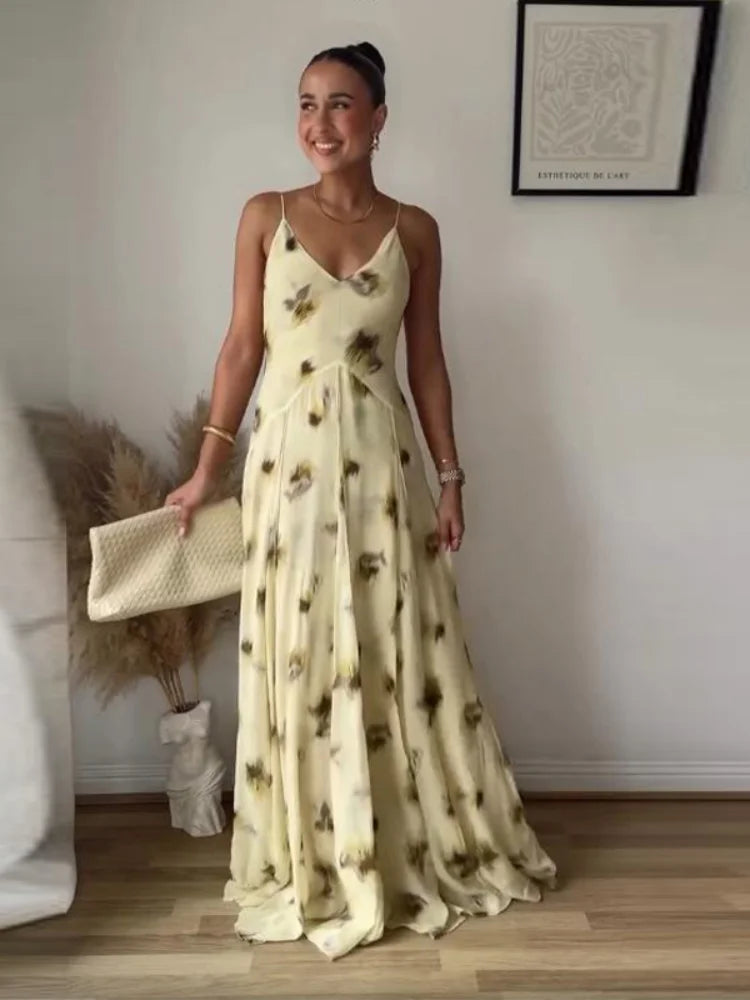Yellow Print V Neck Sling Maxi Dresses Elegant Sleeveless Backless High Waist Pleated Long Dress Lady New Summer Commute Robes