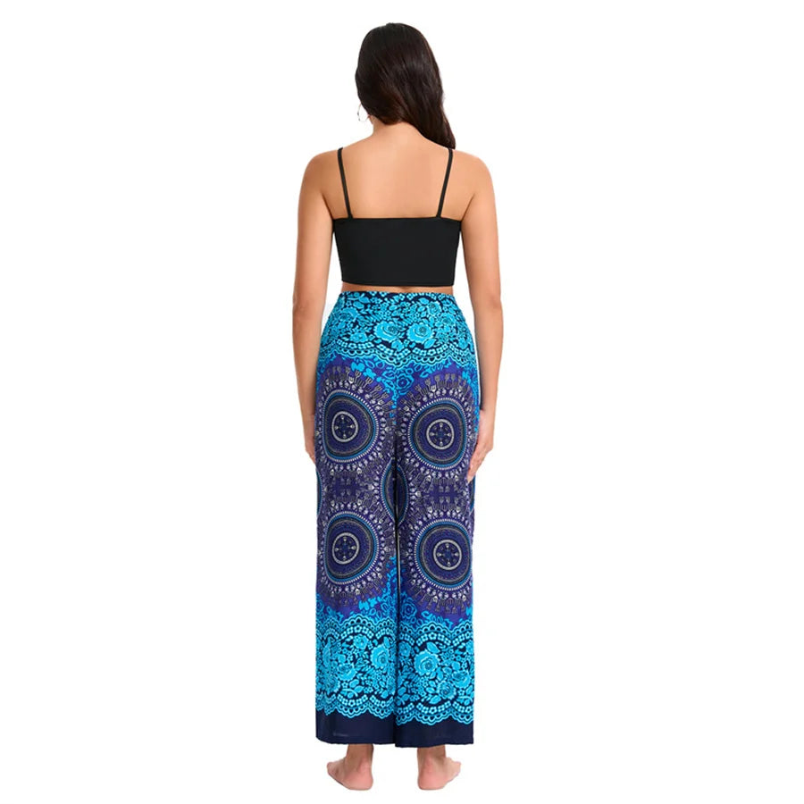 Women's Boho Palazzo Pants Wide Leg Yoga Wrap Tie Up Waistband Beach Cover Up Trousers Rayon Soft Breathable Loose Pants