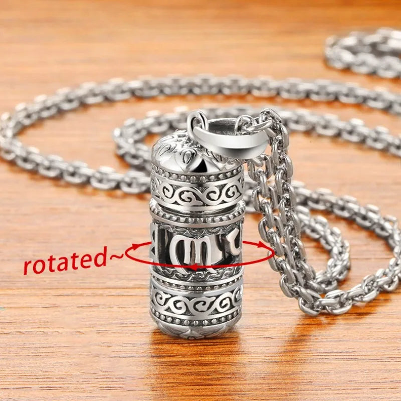 Silver Six Character True Word Pendant Can Open The Gawu Box Necklace for Men and Women Chinese Style Jewelry Rotatable
