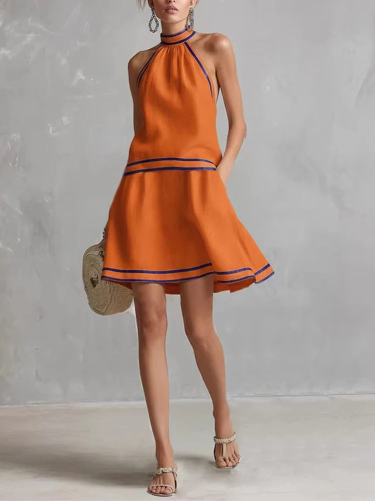 Contrast Color Elegant Off Shoulder Sleeveless A-Line Halter Neck Mini Dress Y2K Summer Fashion Vacation Party Vestidos