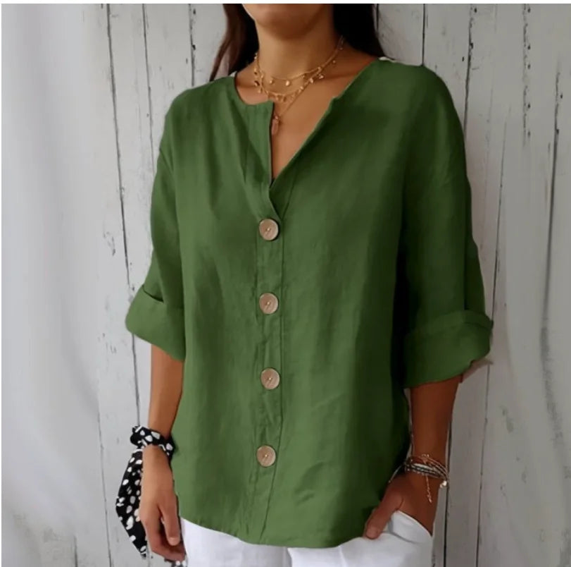 Summer Loose Shirt Women's V-Neck Button Top Casual Shirts Solid Fashion Elegant Office Women Clothing Blouse