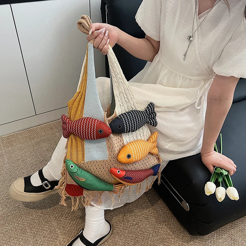 Cute Little Fish Relaxed Knitted Bag 2025 Summer New Commuter Versatile Shoulder Bag Contrasting Cut Out Tote Bag