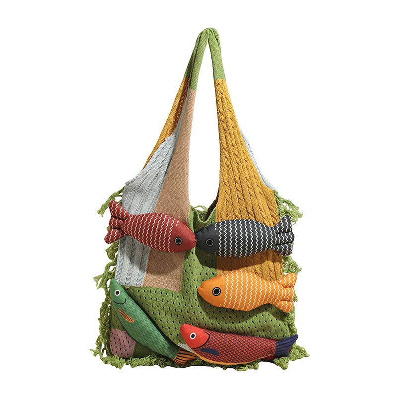 Cute Little Fish Relaxed Knitted Bag 2025 Summer New Commuter Versatile Shoulder Bag Contrasting Cut Out Tote Bag