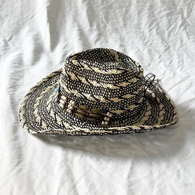 Handmade Color Matching Sun Hat Characteristic Ethnic Style Western Cowboy Straw Hat Black and White Two-color Woven Beach Hat