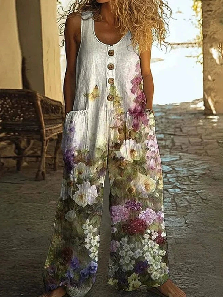 Vintage Print Buttons Sleeveless Jumpsuits Women Summer New Fashion Temperament Loose Wide Legs Jumpsuit Lady Commuting Clothing