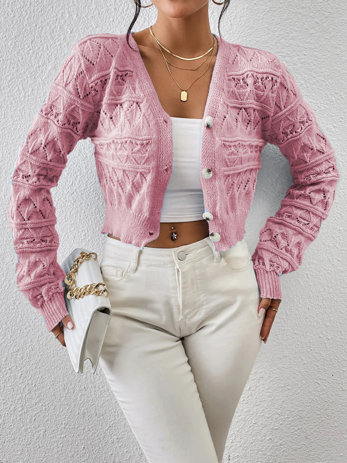 2026 New Autumn Women V-neck Knitwears Long Sleeve Knitted Sweaters Hollow Out Embroidery Single Breasted Short Cardigans Tops