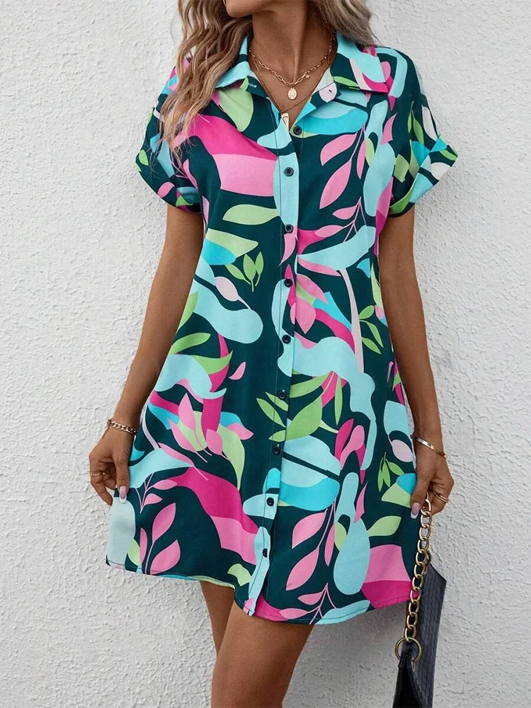 New Summer Everyday Casual Women's Short Sleeve Shirt Dress  Sweet Fashion Single-breasted Dress Floral Print Elegant Dress