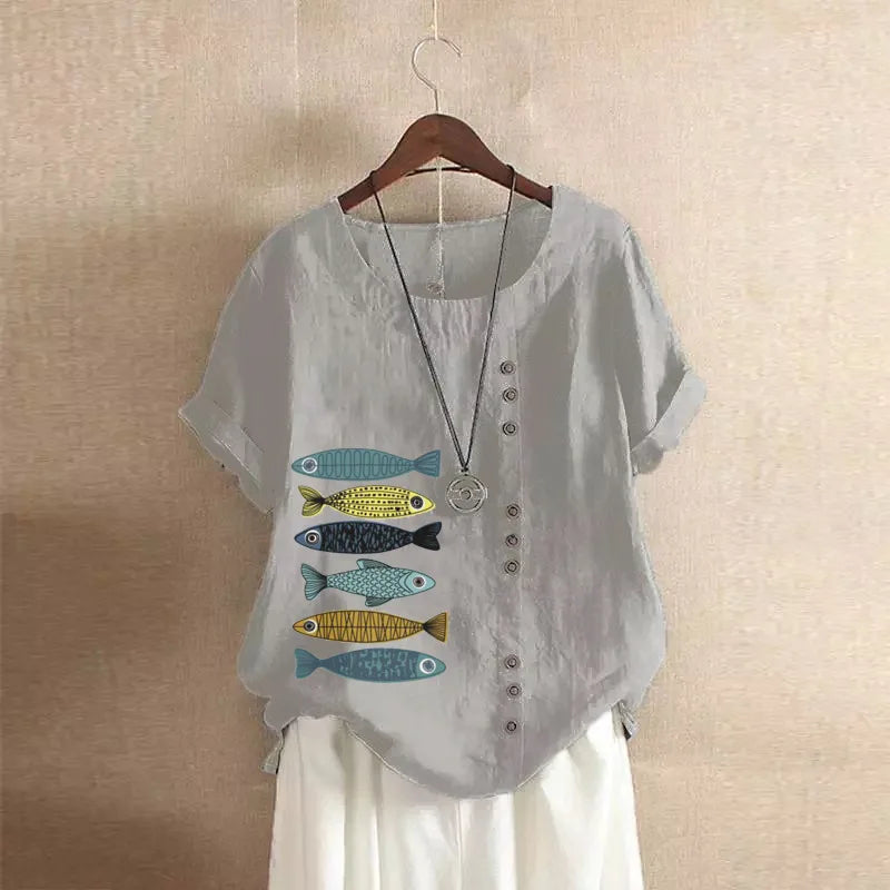 Women Cotton Linen Blouse Shirts Summer O-Neck Short Sleeve Vintage Floral Print Loose Tops WYLP-AL620409060860
