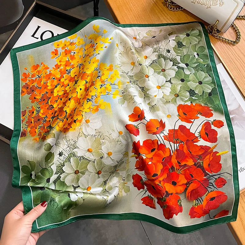 2025 New 100% Pure Silk Scarf Women Neck Hair Foulard Bandana Square Small Headband Hijab Print Poncho Scarves Pashmina