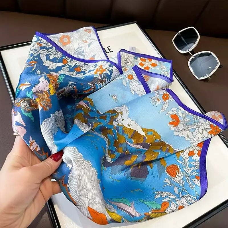 2025 New 100% Pure Silk Scarf Women Neck Hair Foulard Bandana Square Small Headband Hijab Print Poncho Scarves Pashmina