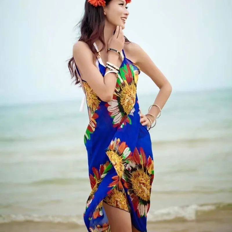 Printed Cover-ups Sexy Beach Dress Women Halter Sling Chiffon Beach Towel Bikini Wrap Pareo Skirts Open-Back Swimwear
