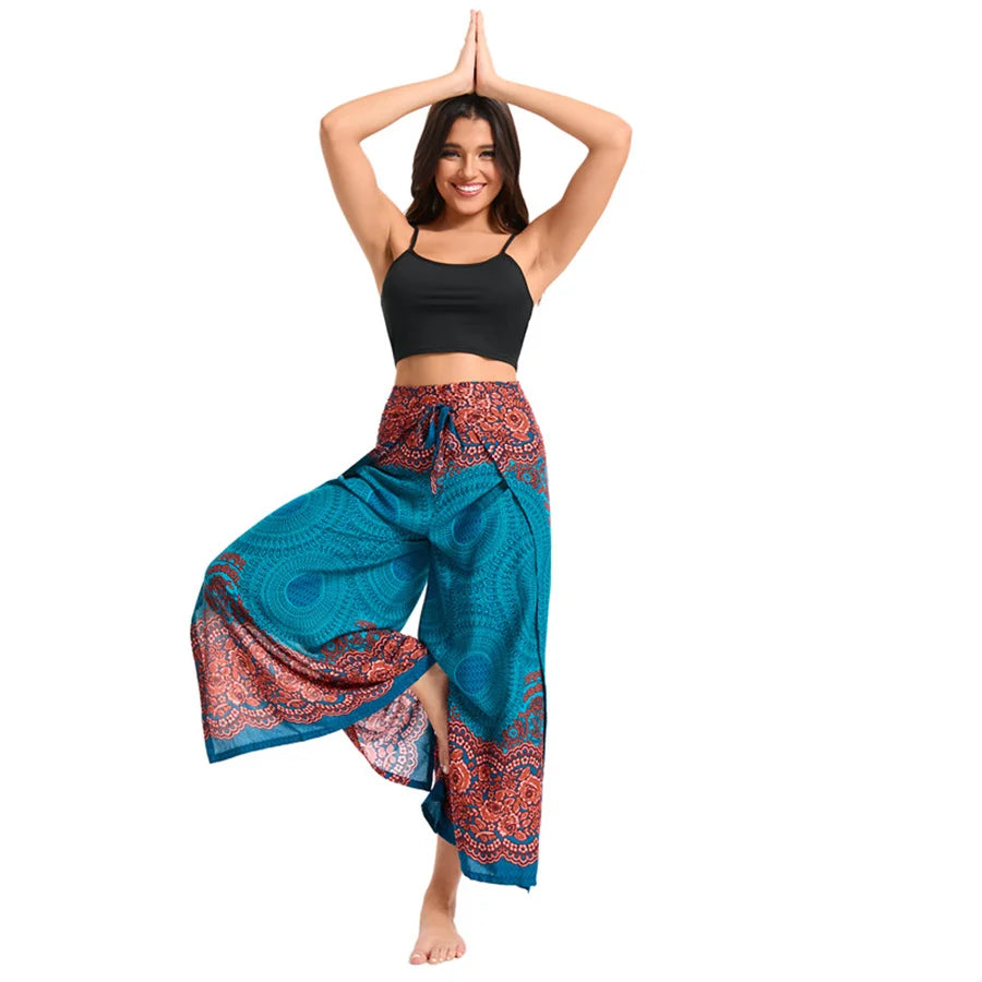 Women's Boho Palazzo Pants Wide Leg Yoga Wrap Tie Up Waistband Beach Cover Up Trousers Rayon Soft Breathable Loose Pants
