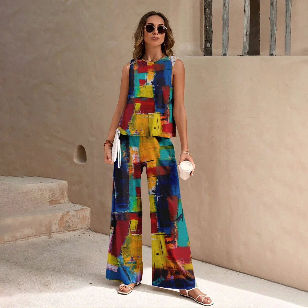 Harajuku Colorful Floral Pattern Print 2 Piece Womens Elegant O Neck Pullover And Straight Leg Pants Set Spring Summer Beach Set