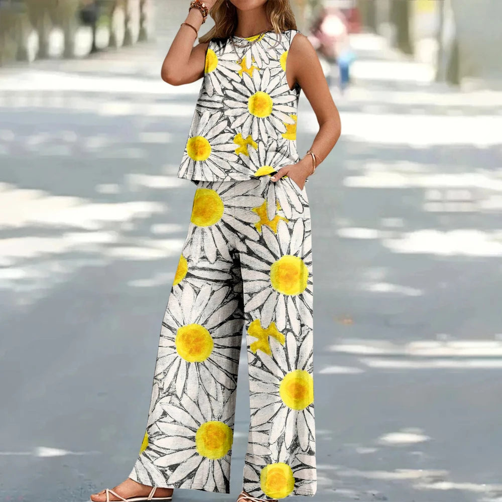 Bohemian Leaf Print Holiday Pants Set Round Neck Elegant Temperament Summer Sleeveless Top And Pants Hawaii Vacation Womenswear