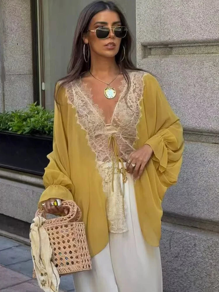 Women Lace Patchwork Lantern Long Sleeve Shirt Top Tie-up Loose Sheer Blouse Elegant Irregular High Street Fashion Lady