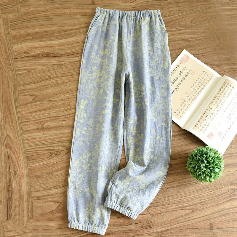 New Spring Summer Women's Pajamas 100% Cotton Crepe Pants Women's Comfortable Loose Large Leaf Home Pants Thin Bottoms