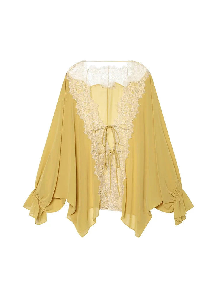 Women Lace Patchwork Lantern Long Sleeve Shirt Top Tie-up Loose Sheer Blouse Elegant Irregular High Street Fashion Lady