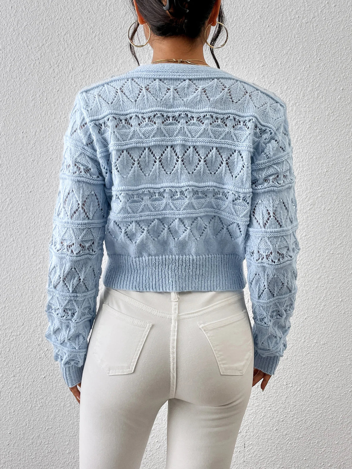 2026 New Autumn Women V-neck Knitwears Long Sleeve Knitted Sweaters Hollow Out Embroidery Single Breasted Short Cardigans Tops