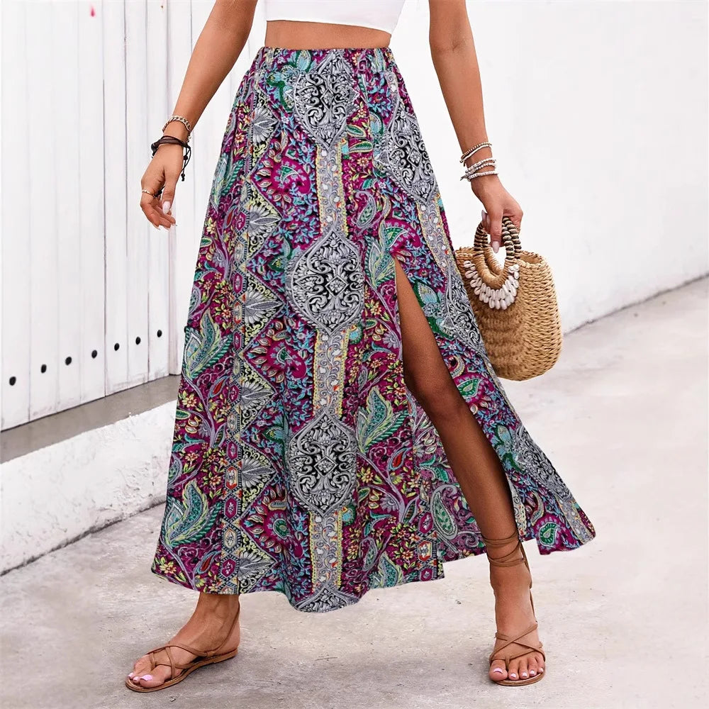 Bohemian Boho Retro Floral Print Skirts Women Indie Folk Summer High Waist A-Line Pleated Long Skirts Casual Holiday Beach Skirt