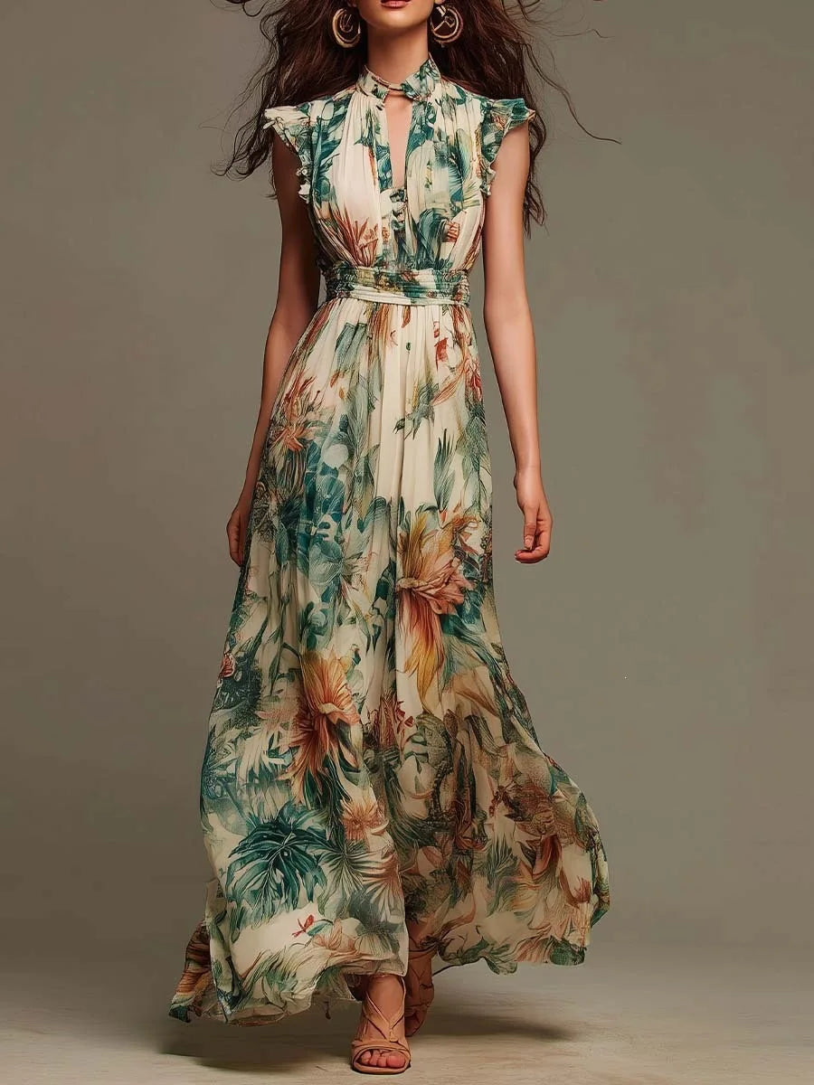 Floral Print Maxi Dress Sleeveless Ruffle Mock Neck Keyhole Front Smocked Waist Flowy Chiffon Bohemian Long Dress for Women
