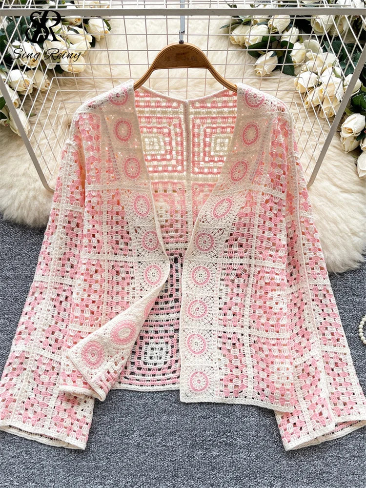 Vintage Boho Loose Plaid Cardigans Female Long Sleeves Hook Flower Hollow Tops 2025 Vacation Sunscreen Casual Shirt