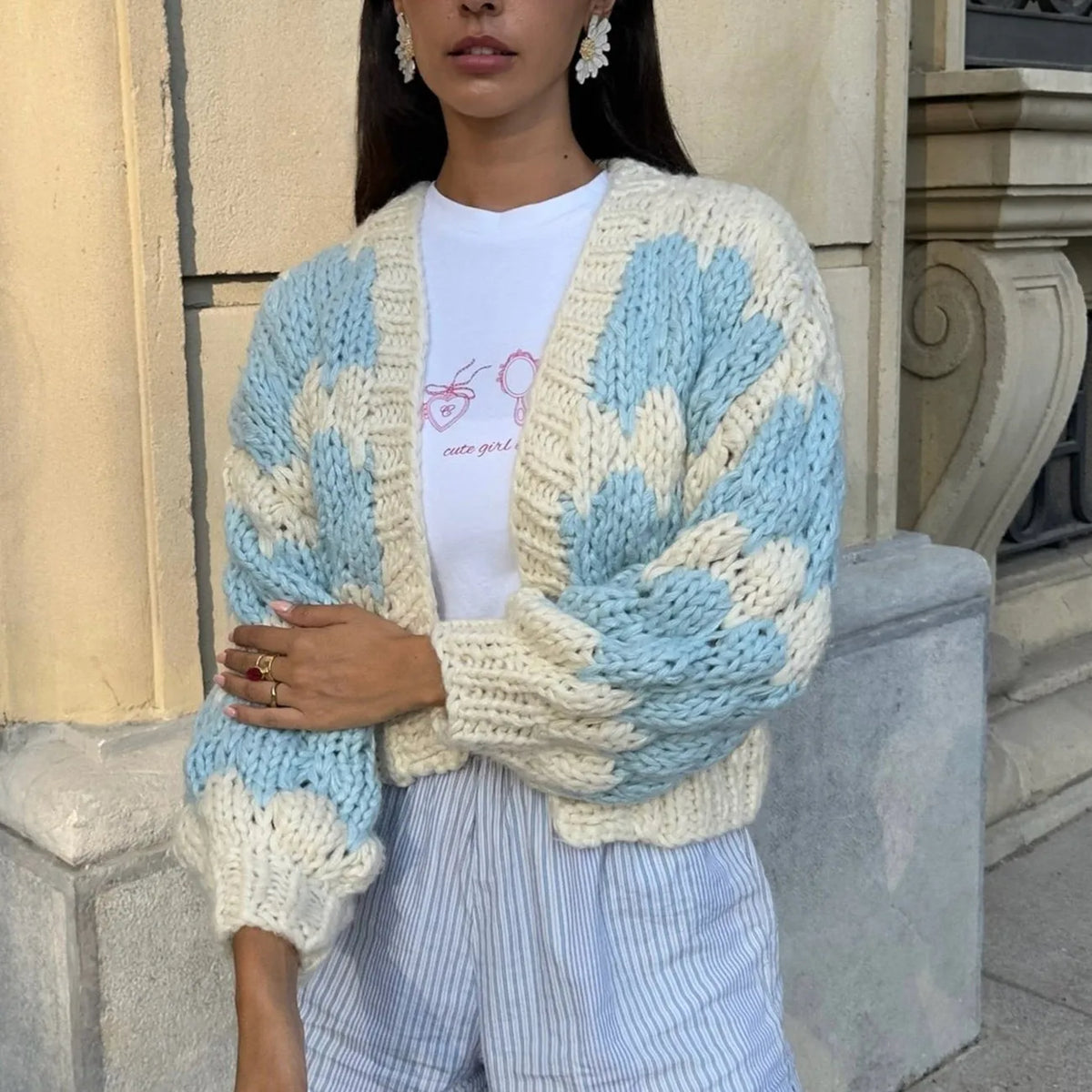 Vintage Lantern Sleeves Knitted Sweater Stripe Pattern Cropped Cardigans Aesthetic Y2k Knitwear Coat Women Autumn Outwear