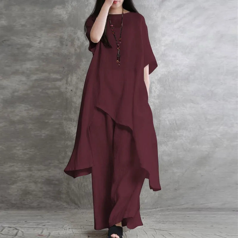 Women's Cotton Linen 2-piece Sets Large Size Casual Wear Sportswear Suit Short-Sleeved O-Neck Top Wide Leg Pants Suits For Women