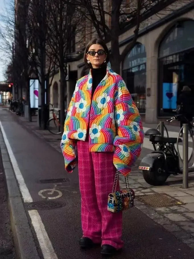 Fashionable Autumn/winter New Release Rainbow Flower Padded Jacket Cross-border Style Quilted Coats For Men Women - emogogo