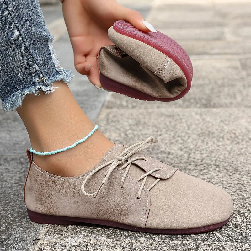 Brown Round Toe Flats Shoes Women 2025 Faux Suede Lace Up Flat Shoes for Woman Plus Size 43 Soft Walking Casual Shoes Female
