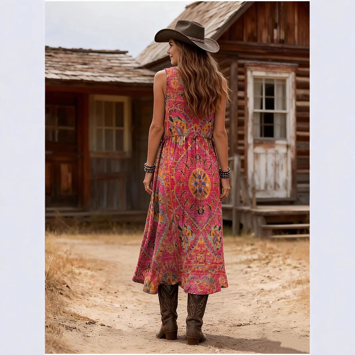 European and American Bohemian Style Retro Printed Sleeveless Long Skirt, Loose Casual Vacation Style, Ethnic Style Vest Dress