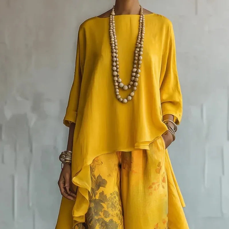 Boho Women's Spring Summer New Two-piece Set Suit Vintage Printed Irregular O Neck Versatile Casual Loose 2-piece Set For Women