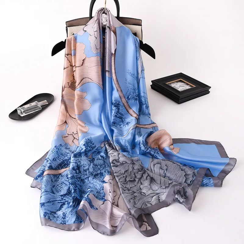 Green Peacock Feather Hijab Summer Beach Pareo Silk Scarf Women Luxury Bandana Soft Long Foulard Femme Designer Bufandas Mujer