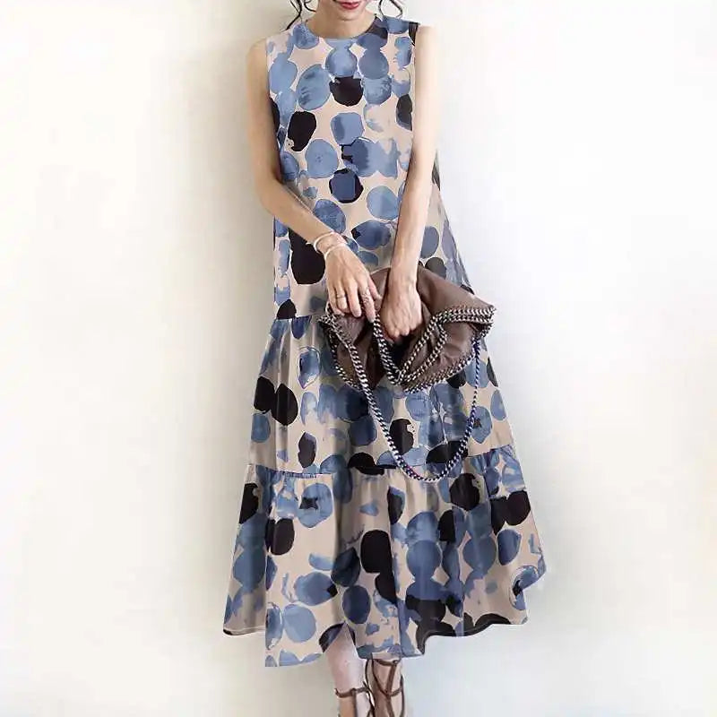 Bohemian Sleeveless Summer Dresses Women Floral Printed Sundress Fashion Casual Ruffles Hem Long Vestido Robe Femme