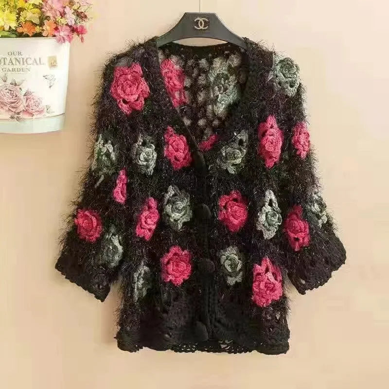 Three-Dimensional Flower Openwork Crocheted Sweater Cardigan Women's Spring And Autumn New Heavy Industry Joker Sweater 3XL Coat