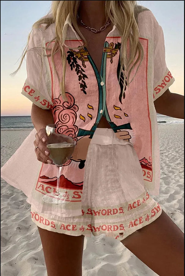 Fashion Print Beach Holiday 2-Piece Set Women Summer Short Sleeve Shirt Top + Wide Legs Short Women's Oversized Two-Piece Outfit