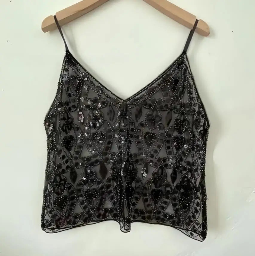 Puloru Trendy Sequins Beads Flower Pattern Vests Women's Sleeveless Open Back V Neck Camisoles See-Through Chic Summer Camis