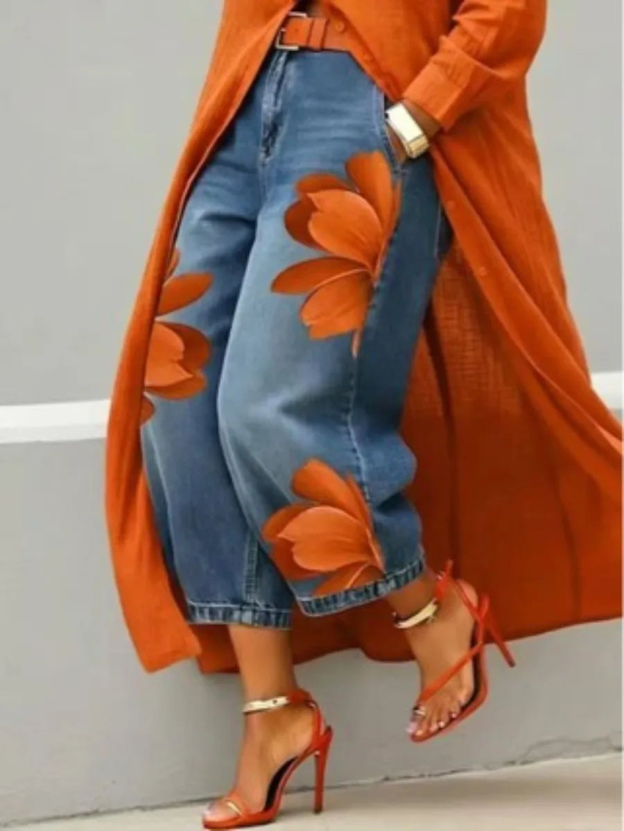 Streetwear Women's Floral Print High Waist Jeans Loose Fit Cropped Wide Leg Denim Pants Casual Trendy Plus Size Trousers