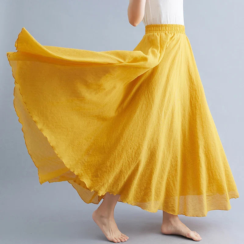 Boho Cotton Linen Beach Long Skirt Women Vintage Casual Solid A-line High Waist Dance Floor-Length Maxi Skirt Spring Summer New