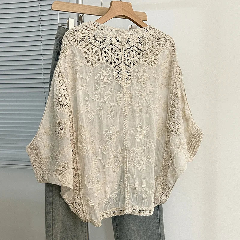 Boho Crochet Cardigan - Romantic Floral & Geometric Lace Cover-Up For Vacation & Daily Wear | Lightweight V-Neck Button-Up Knit
