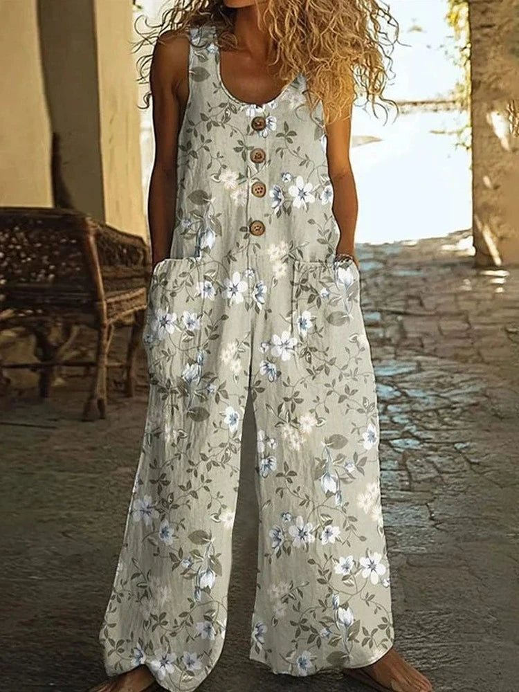 Vintage Print Buttons Sleeveless Jumpsuits Women Summer New Fashion Temperament Loose Wide Legs Jumpsuit Lady Commuting Clothing