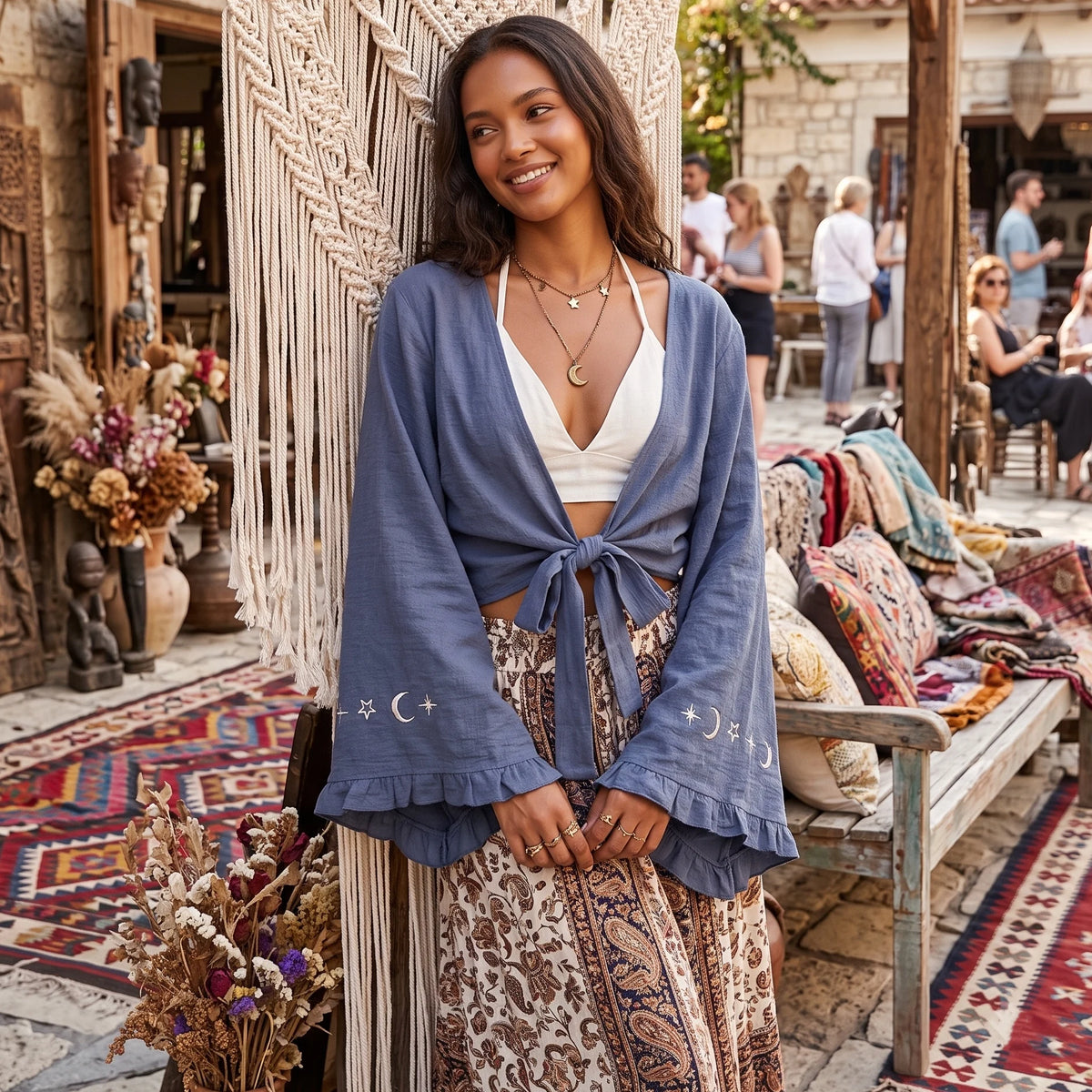 Boho Queens Women Star Moon Embroidery Ruffles Flare Sleeve Short Bohemian Kimono Vacation Beach Summer Bikini Boho Cover-ups