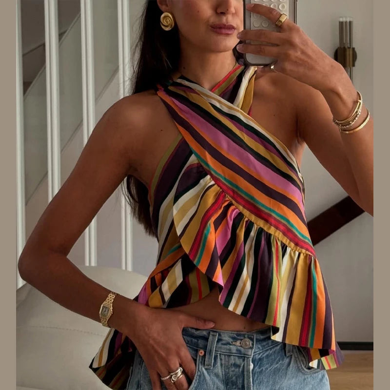 Sexy Striped Women's Vest Halter Sleeveless Ruffles Irregular Lady Vest 2026 Spring Summer New Female Street Vacation Tops
