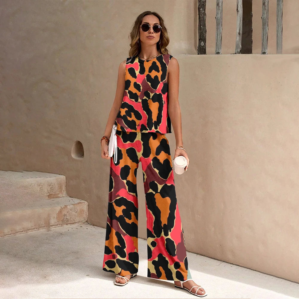 Harajuku Colorful Floral Pattern Print 2 Piece Womens Elegant O Neck Pullover And Straight Leg Pants Set Spring Summer Beach Set